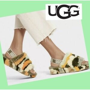 UGG Women's 8 Fluff‎ Yeah Slide Fuzzy Sherpa Slipper Sandal Cali Collage Olive